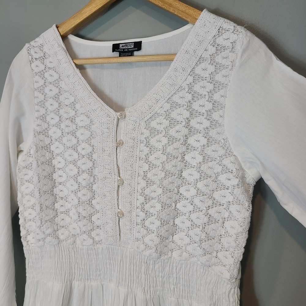 NAOO Cotton White Crochet Lace Tiered Flowy Boho Cottage Maxi Dress Sz M Resort - Picture 4 of 11
